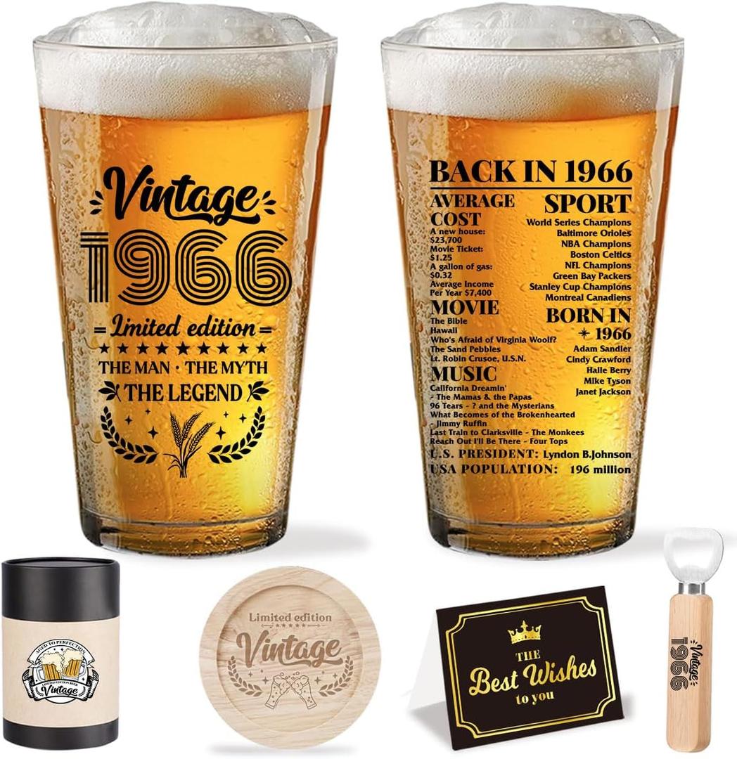 60th Birthday Gifts for Men 60 Year Old Birthday Gifts Vintage 1966 Beer Drinking Glass Cool 60th Birthday Gifts Happy Anniversary 60th Birthday Party Supplies Decorations (1965)