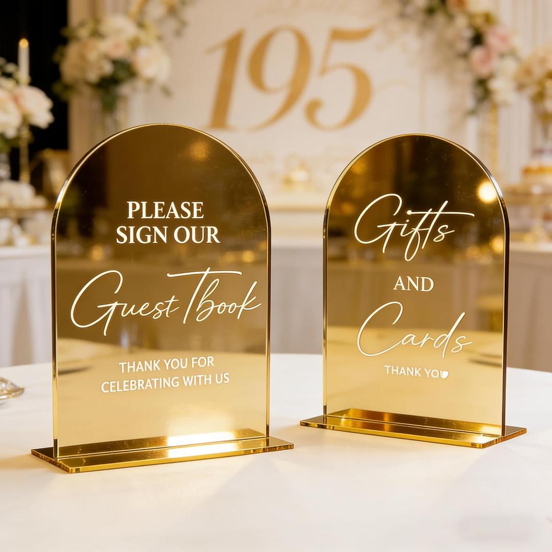Acrylic Signs with Stand, 5x7 inch Black Arched Wedding Table Signs and Base, 1/8" Thick Arch TableTop for Wedding Reception & Event Party Table (Gold mirror, Cards and Gifts Sign and Guest Book Sign)
