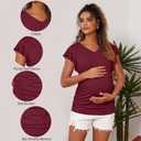 Maternity Shirts 3 Packs Flying Short Sleeve Pregnancy Tops V Neck Side Ruched Tees (Medium, Wine Red / Grey / Caramel)