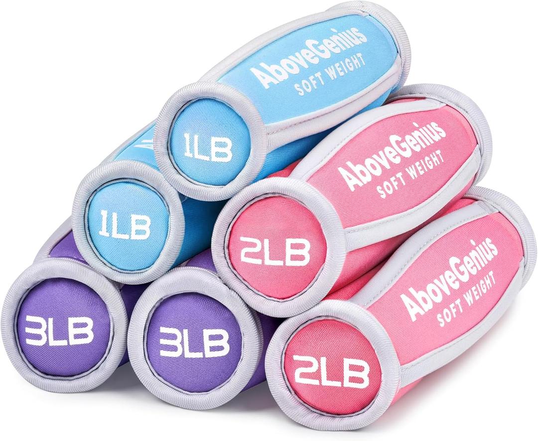 Hand Weights for Women Men, Soft Dumbbells Set of 6(1lb 2lb 3lb Each Pack) for Dumbbell Walking Weight Sets with Hand Strap, Pink Weights for Workout Running, Pilates, Yoga, Jogging and Physical Therapy, Gifts for Women (Blue Pink Purple)