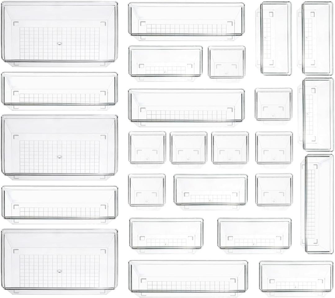 Clear Plastic Drawer Organizer Storage - 25Pcs 4 Size Desk Bathroom Kitchen Organizers and Accessories Office Organization, Vanity Stackable Drawers Bins Trays Containers Dividers Makeup Sets