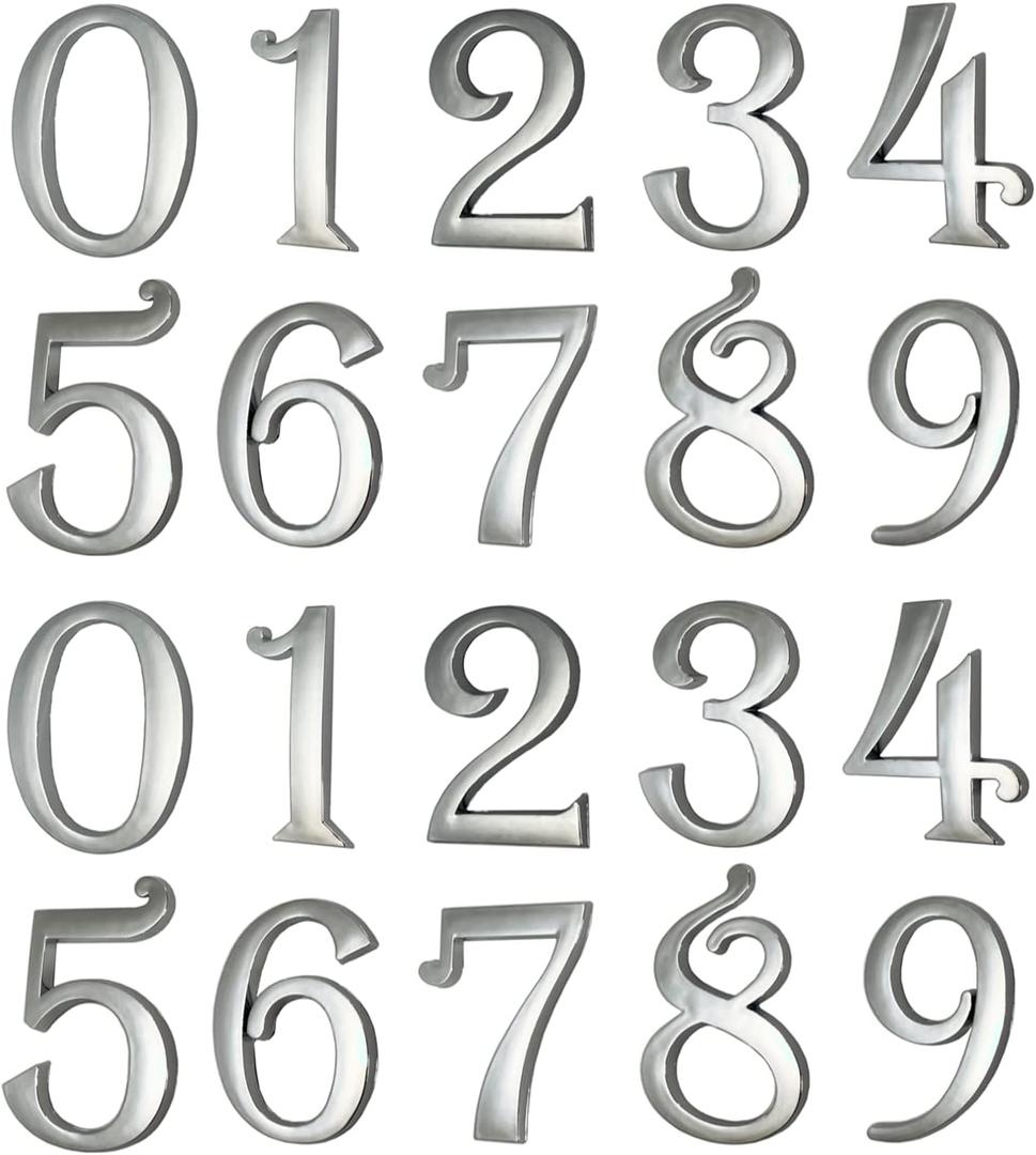 Chrome Mailbox Numbers, Self Adhesive Door Address Sign Number Stickers for Aprtment Office Home Room, Siver Shiny, Suit for Outside or Indoor, 2-3/4 Inch Hight. (Silver, 2.75" - Set of 20)