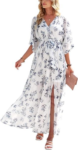 ANRABESS Women’s Summer Loose Kimono Maxi Dress Wrap V Neck 3/4 Sleeve Floral Print Slit Long Dresses (Large)