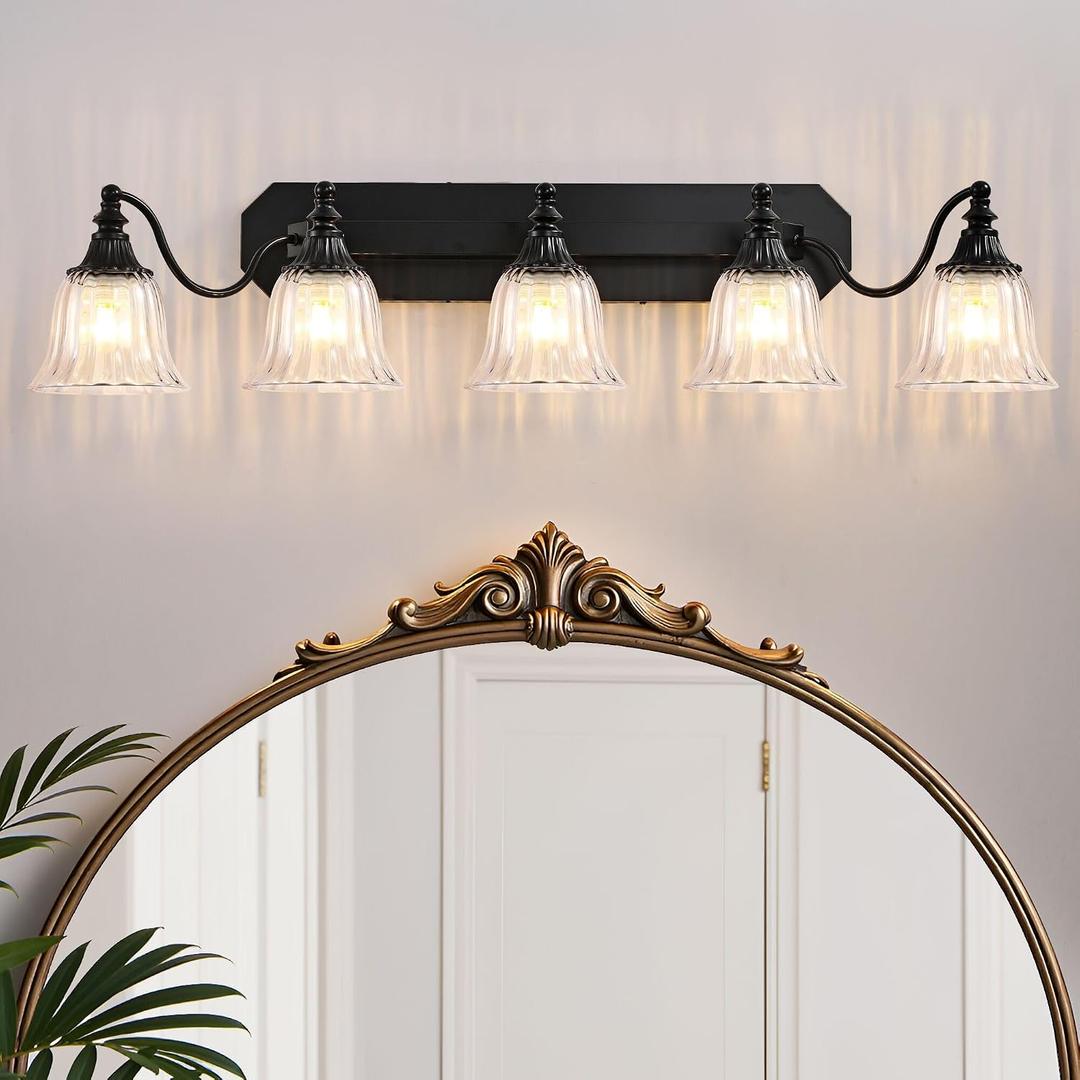 Black Vintage Bathroom Vanity Light Fixture, 5-Light Vanity Light for Bathroom, Antique Matte Black Finish with Crystal Glass Shade, Lighting Fixtures Over Mirror for Bedroom Living Room