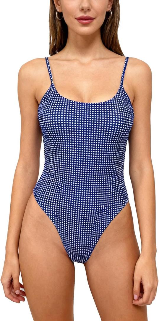 Women's Sexy One Piece Bathing Suit Swimsuit High Cut Leg Cheeky Coverage, Adjustable Thin Strap (Blue / White Gingham, Size S (High Cut))
