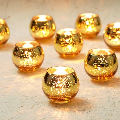 Homemory 12 Pcs Gold Votive Candle Holders, Round Mercury Glass Candle Holder, Tealight Candle Holders for Table Centerpieces, Baby Shower,Anniversary, Wedding, Home Decor, Halloween, Christmas