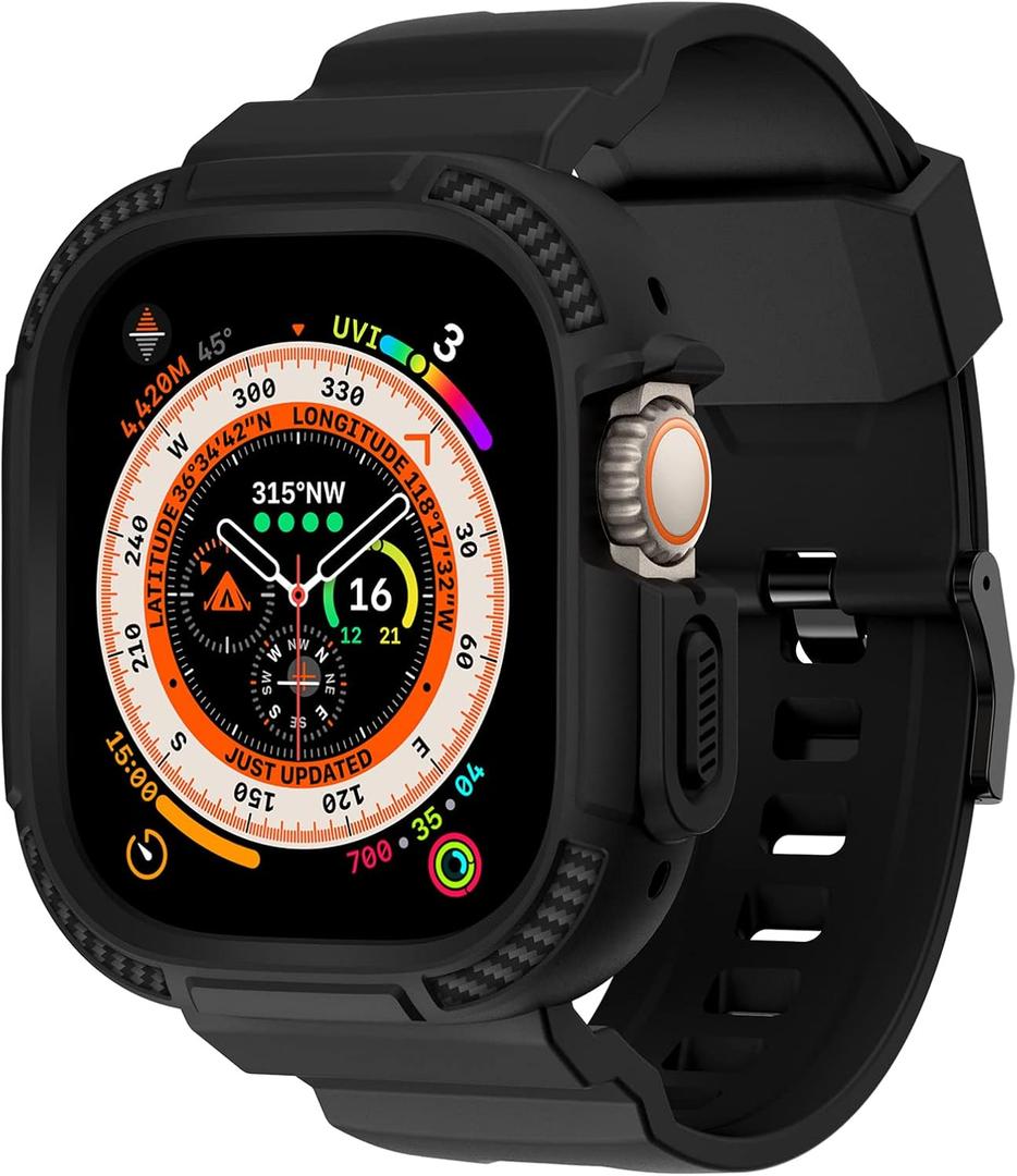 OROBAY Rugged Band Compatible with Apple Watch Ultra 3/2/1 Band 49mm with Case, Shockproof Strap for iWatch Ultra 3/2/1 with Bumper Case Cover Men Women, Matte Black