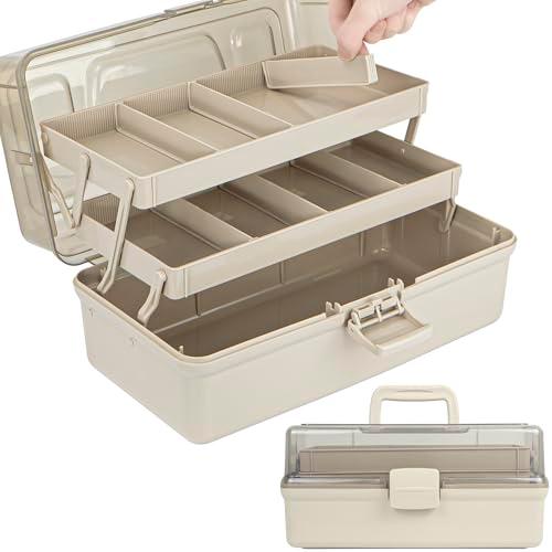 TERGOO 12.5in 3-Layer Multipurpose Craft Organizers and Storage with Adjustable Dividers, Portable Tackle Box, Folding Art & Craft Case for Medicine, Tool, Sewing Organizer (Brown)