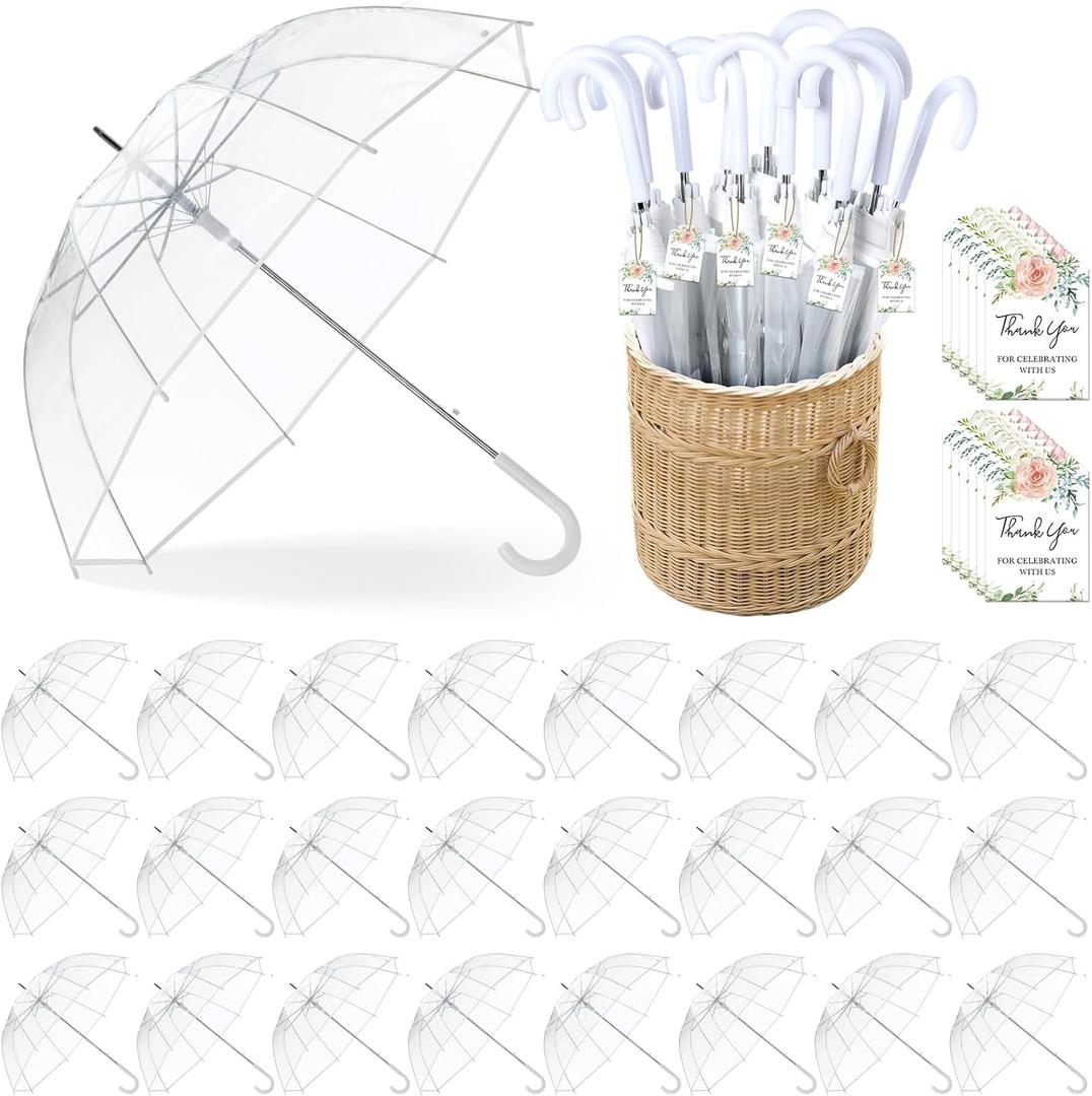 24 Pcs Clear Bubble Umbrellas Bulk 52 Inch Large Windproof Transparent Wedding Umbrellas with j Hook Handle for Wedding Bridal Parties Graduation Outdoor Events (White)