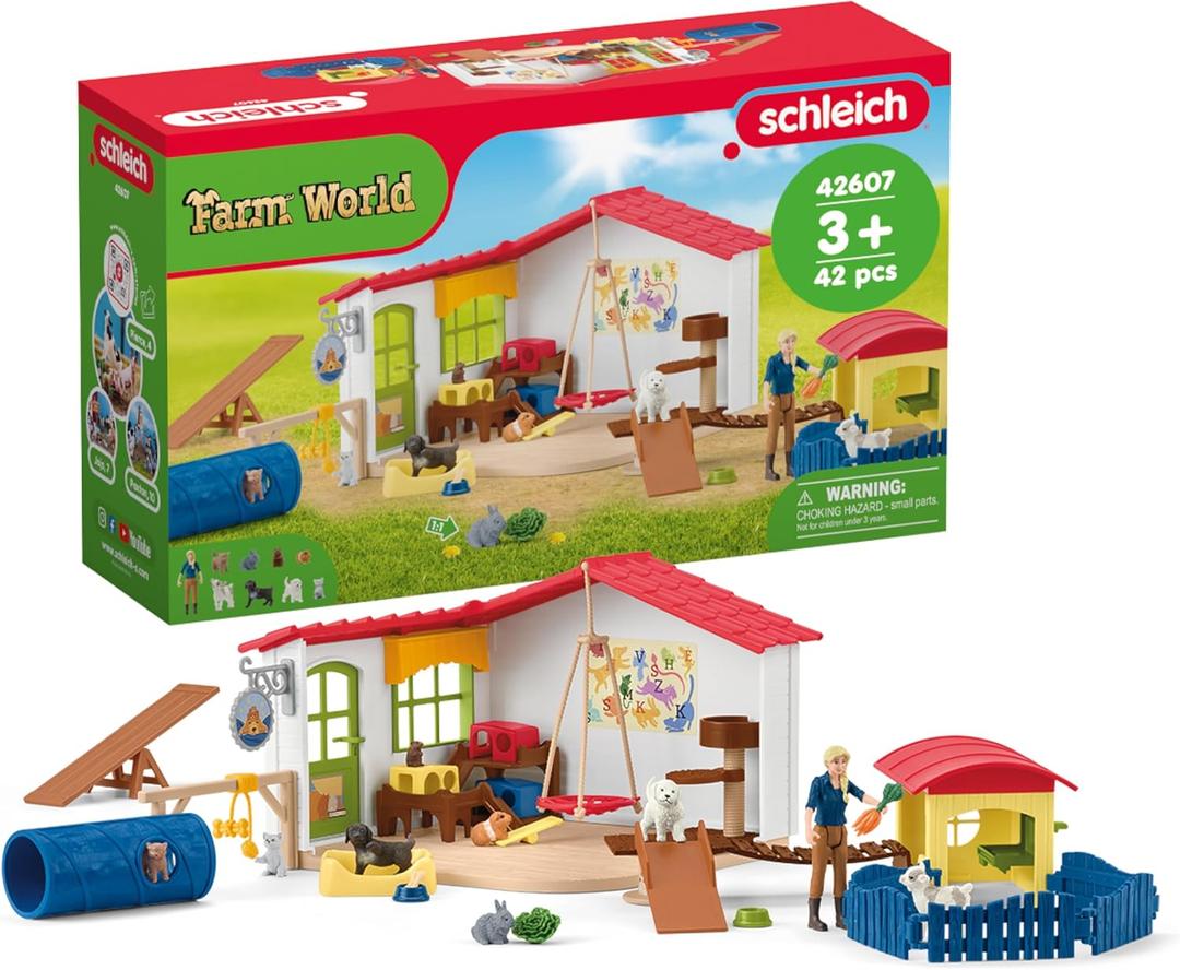 Schleich Farm World - 54PC Baby Animal Hotel Playset with Cute Pets, Caretaker and Movable Accessories - Realistic Animal Figurine Play Set - Fun Educational Toys for Kids and Toddlers Ages 3+ | 42607