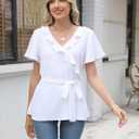 CiCiBird Women Dressy Casual Shirt Ruffle Wrap V Neck Tops Tie Waist Peplum Business Work Blouse (Blue, L)