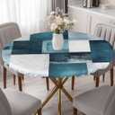 Teal Abstract Art Round Fitted Tablecloth Geometric Plaid Modern Graffiti Color Block Elastic Table Cloth Waterproof Oil Proof Table Cover Fits 45"-54" Round Tables for Party Picnic Dinner Decor (Bronze)