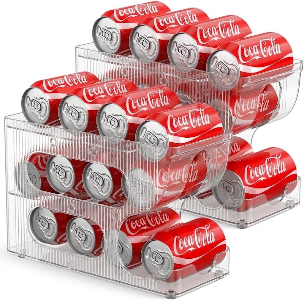 Sotfamily FIFO Soda Can Organizer for Pantry/Fridge, Automatic Rolling Pop Can Dispenser/Storage/Holder/Container for Refrigerator or 12" Deep Shelf, Space-Saving Drink Organizer for 24 Standard Cans, Clear