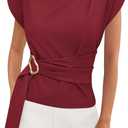 PRETTYGARDEN Women Blouses Spring Dressy Cap Sleeve Mock Neck Work Shirts Buckle Tunic Summer Business Casual Tops 2026 (Red, S)