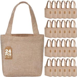 Aliceset 24 Pcs Mini Burlap Tote Bags with Handles Reusable Burlap Gift Bags with Tags Small Wedding Welcome Bridesmaids Jute Bag Bulk for Party Supplies DIY Craft (8 x 8 x 3.2 Inch,Light Brown)
