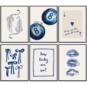 Trendy Navy Wall Art Cheetah Poster Wall Decor Funky Lucky 8 Ball Prints Trendy Preppy Aesthetic Painting Blue Bow Preppy Girly Pictures Decoration for Girls Room Dorm Apartment 8x10" Unframed, 6 Pcs