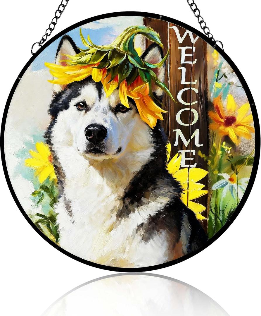 Stained Glass Suncatcher Dog Husky Welcome Sign Handmade Window Hangings Colored Glass Suncatcher Crafts Kits for Home Decor Gift for Pet Lover Memorial Wife Friend Family 6.3in