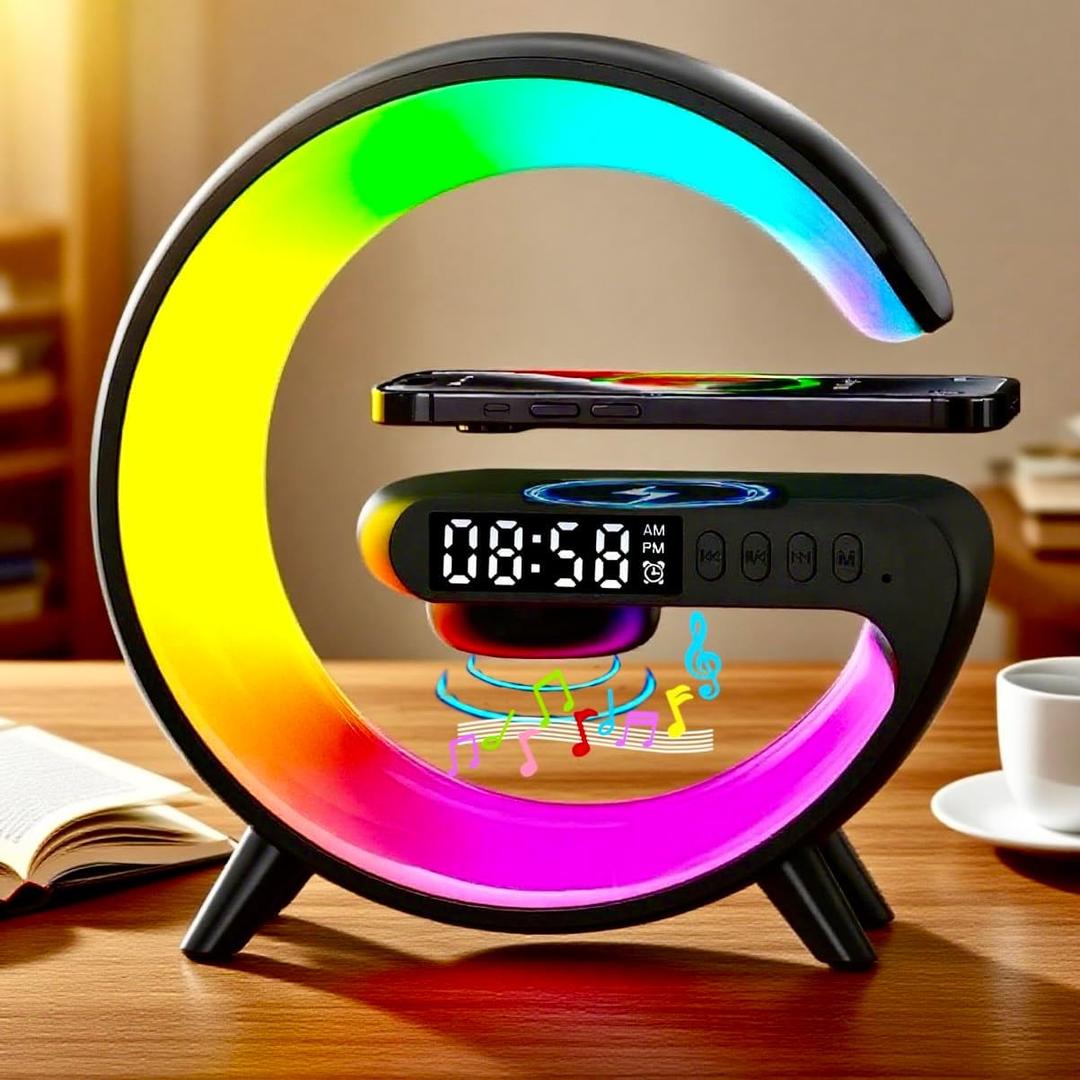 EQF LED Table Lamp with Wireless Charger, G Shaped Night Light Lamp with Bluetooth Speaker, Sunrise Alarm Clock, Smart Mini Atmosphere Lamp for Bedroom, Office, Living Area (Black)