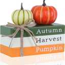 DECSPAS Fall Decorations for Home, Autumn Harvest Wooden Stacked Books Sign with Pumpkins & Bow for Fall Decor, Thanksgiving Tabletop decorations for Tiered Tray, Shelf, Table, Mantle, Fireplace (orange, green, white)