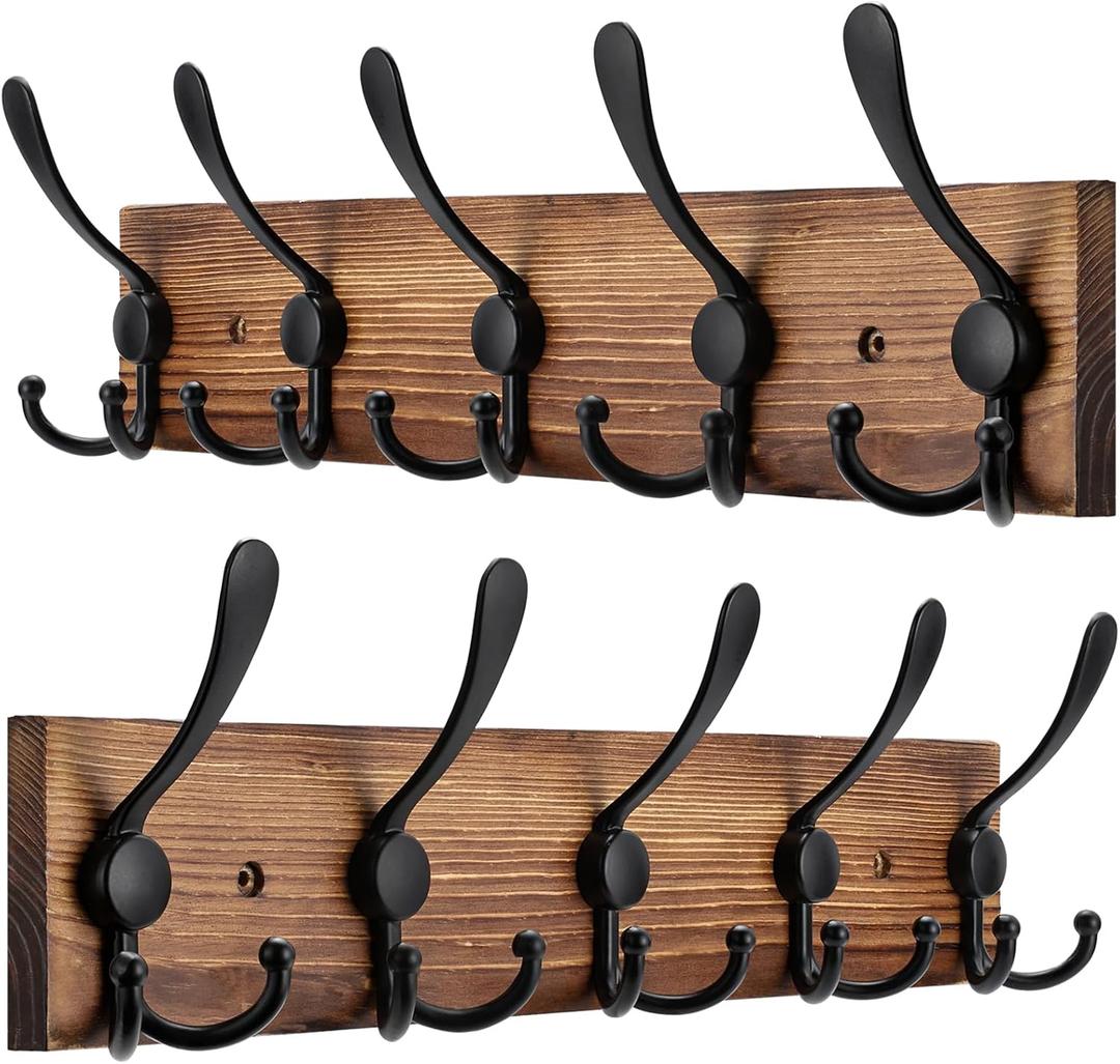 Kuhome 2pcs Coat Rack Wall Mount Wooden Hat Rack for Wall Hooks Pine Real Wood Plank 16.9" Brown Coat Hanger with 5 Triple Hooks for Hanging Coat Hat Jacket