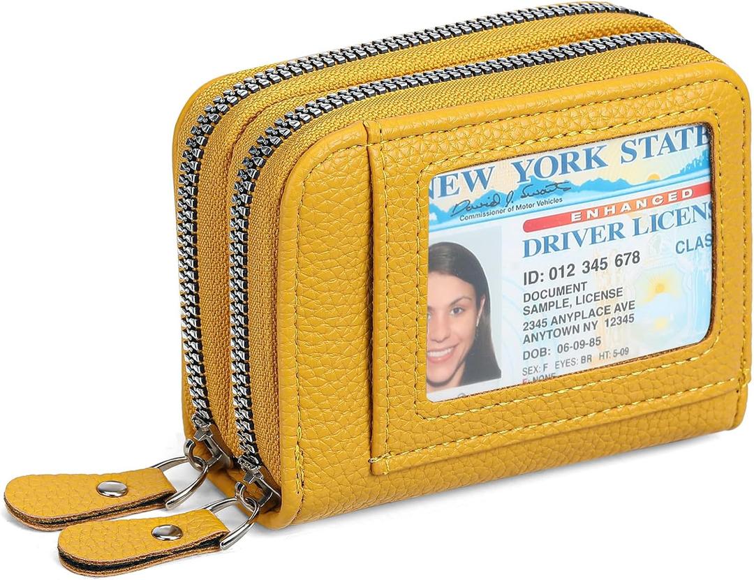 Credit Card Holder Wallet RFID Blocking Leather Small Wallet for Women Double Zipper Wallet with ID Window