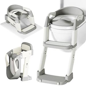 Potty Training Seat 3-in-1 Toddler Toilet Ladder (Toilet, Ladder, Squatting Aid) for Children Boys Girls with Removable Cushion, Anti-Splash & Foldable Design - Grey