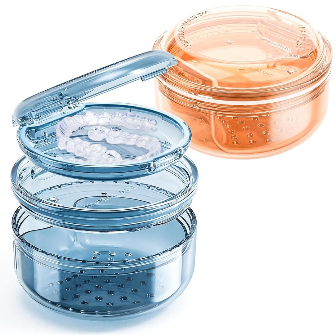 Denture Case, 2PCS Retainer Case with Strainer Basket, 2 in 1 Denture Bath Case No-Leak Retainer Cleaner Case, Retainer Holder for Travel, Mouth Guard Case for Dentures, Clear Braces, Night Guard (Blue-Orange) Denture Case, 2PCS Retainer Case with Strainer Basket, 2 in 1 Denture Bath Case No-Leak Retainer Cleaner Case, Retainer Holder for Travel, Mouth Guard Case for Dentures, Clear Braces, Night Guard (Blue-Orange)