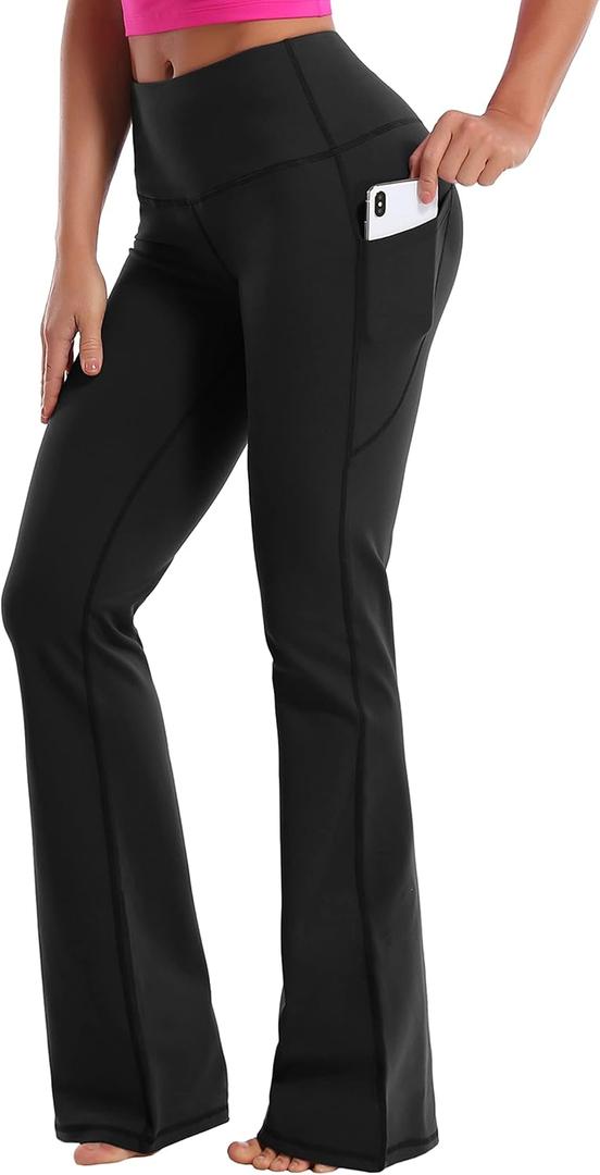 BUBBLELIME 29"/31"/33"/35"/37" Women High Waist Bootlegs Yoga Pants Tummy Control Bootcut Workout Flared Out Pockets (XX-Large, Cotton Feel Side Pockets_black)
