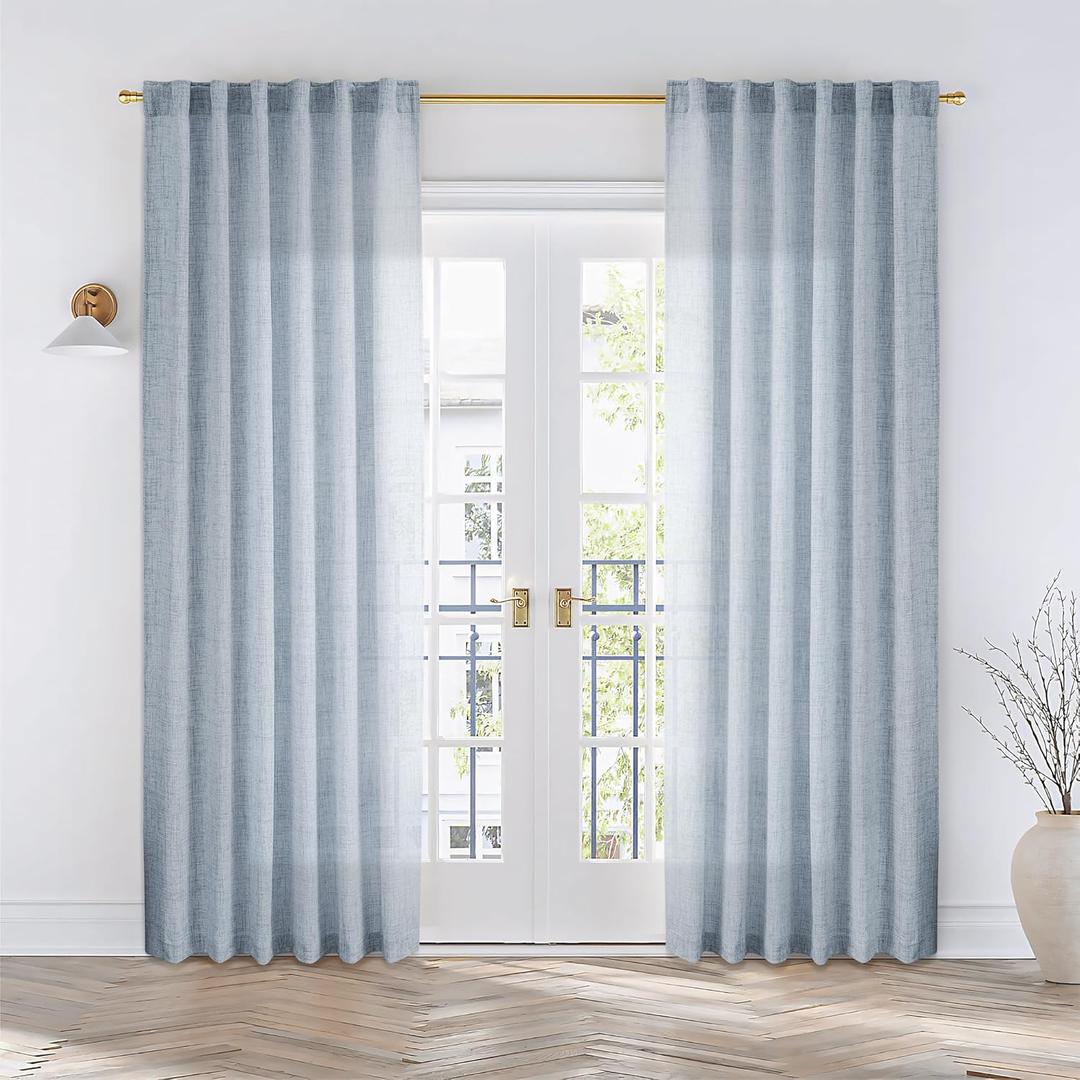 Dusty Blue Linen Curtains 84 Inches Long for Living Room 2 Panels Set Back Tab Farmhouse Boho Light Filtering Semi Sheer Stone Blue Curtains Grey Blue Drapes for Bedroom Vintage Country Decor (50"W x 84"L (Pack of 2))