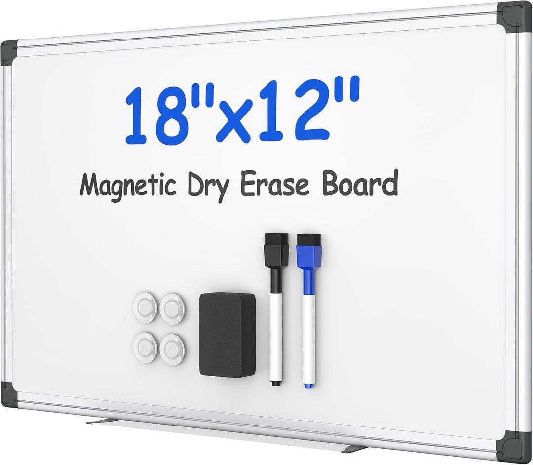 VUSIGN Magnetic White Board Kit for Wall 18" x 12", 1 Dry Eraser & 2 Multicolor Markers & 4 Magnetic Pins, Sliver Reinforced Aluminum Frame for Home, School, Office (Silver)
