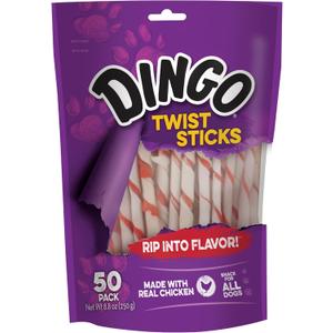Dingo Twist Sticks 50 Count, Premium Rawhide Treats For Dogs Made with Real Chicken 50-Count (8.8 Ounce (Pack of 1))