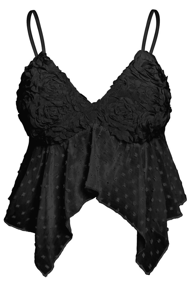 AIMISHI Sexy 3D Flower Crop Top for Women Y2K V Neck Tank Tops Spaghetti Strap Ruffle Camisole Summer Going Out Outfits Black Medium (Black)