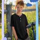 Boys Short Sleeve Shirts | Henley Tees, Oversized, for Kids, Loose, Casual, Summer, Button, Basic Tops, Classic, Cute, Size 5-6 Years (Black)