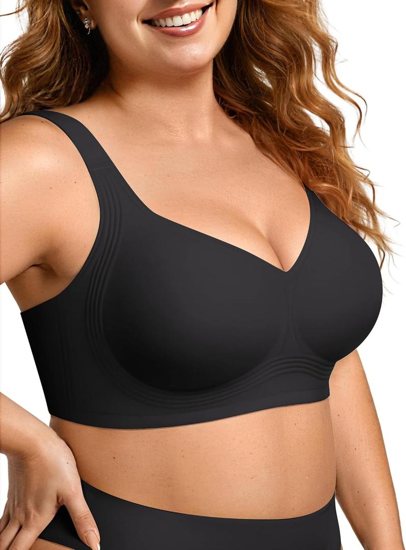 OEAK Womens Wireless Jelly Bra Plus Size Supportive Seamless Bras Full Coverage Push Up Comfortable No Underwire Tshirt Bras (Black, L)