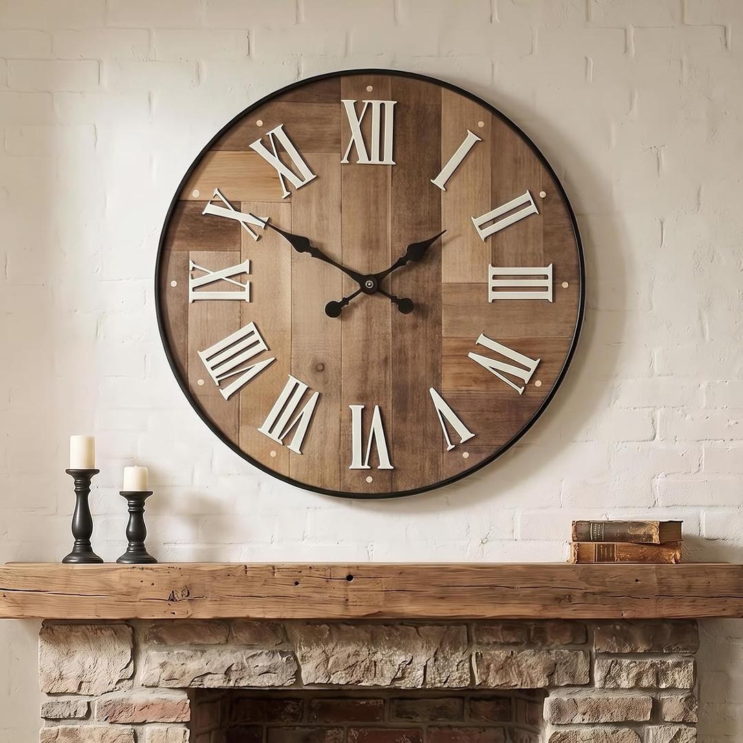 30 Inch Large Farmhouse Wall Clock with 3D Roman Numerals (Brown)