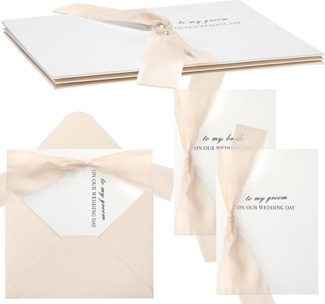 2 Pcs Wedding Day Card to Bride and Groom, with Bow Ribbon and Envelopes, 1 to My Bride and 1 to My Groom on Our Wedding Day Card(Light Nude)