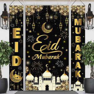 AIBIIN 3PCS Eid Mubarak Banners Decorations for Home Black Eid Mubarak Door Porch Sign Decorations Banner Muslim Ramadan Kareem Banner Decor Wall Hanging Decor