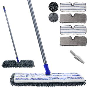 Masthome Microfiber Mops for Floor Cleaning,Dust Mop with 4 Reusable Pads,Flat Flip Mops for Wet & Dry Use,Professional Microfiber Mop for Hardwood, Laminate,Tile Floor Cleaning-1 Scraper (Grey-blue)