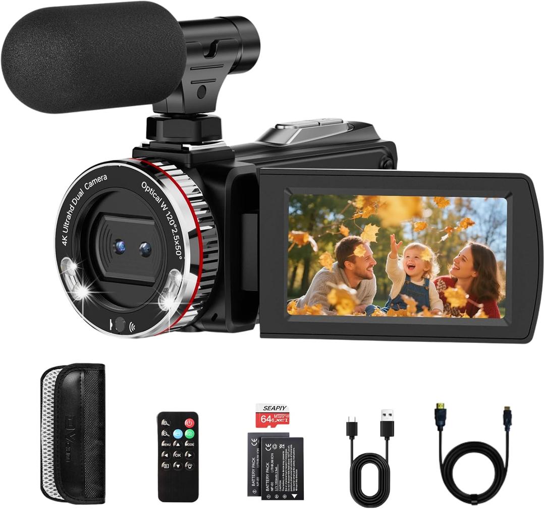 4K 60FPS Video Camera Camcorder with HDMI Cable, 48MP Vlogging Camera for YouTube, Dual Lens Camera Recorder, 21X Zoom Rotatable Screen Video Recorder with Mic, 2 Batteries &64GB Card (Small)