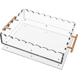 Acrylic Scalloped Tray 14'' X 11'' Acrylic Serving Tray with Magnetic Mat and Handles for Customizable Picture, Clear Acrylic Tray for Bathroom Kitchen Living Room Decor Vanity Perfume