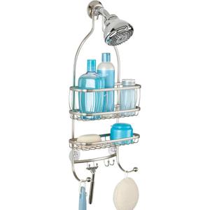 Yasonic York Metal Wire Hanging Shower Caddy, Extra Wide Space for Shampoo, Conditioner, and Soap with Hooks for Razors, Towels, and More, 9.75" x 4" x 22", Satin Silver