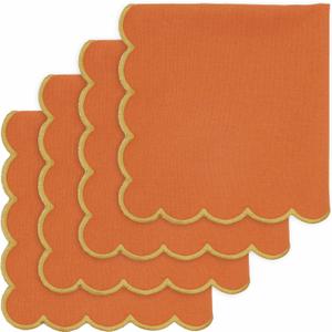 PurpleEssences Scalloped Embroidery Cloth Napkins Christmas Holiday Winter Table Decor 100% Cotton Set of 4-18 x 18 Inch - Orange - Edges - Golden Yellow