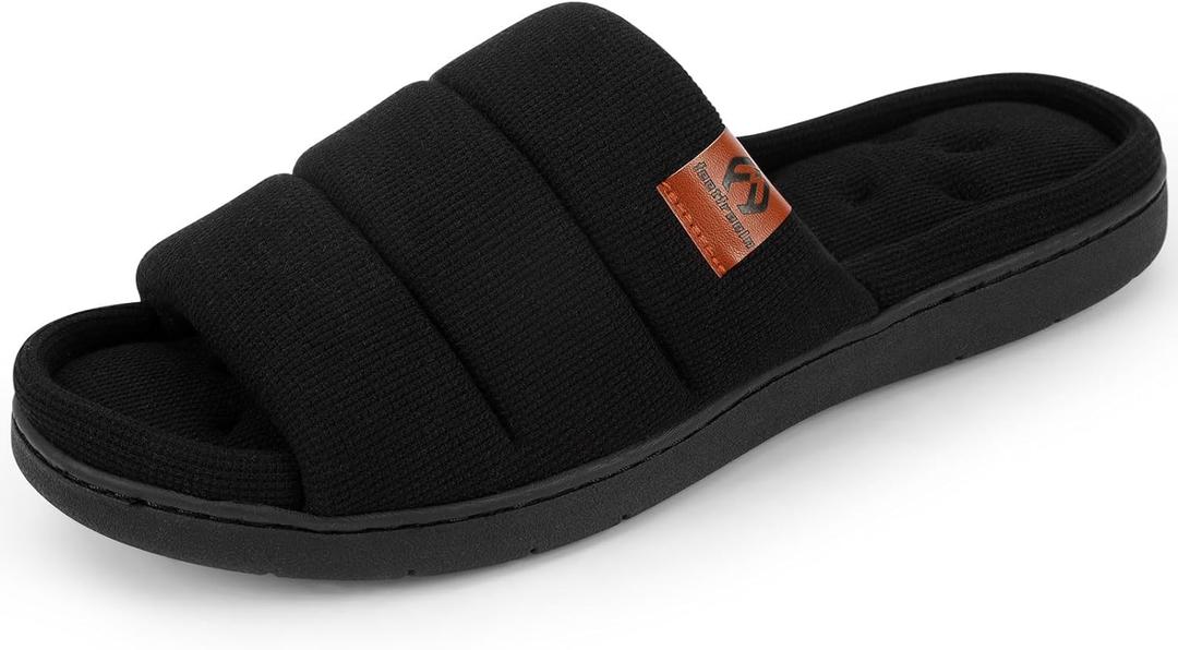 Mens Open Toe Slippers, Comfy Supportive Foam Bedroom Slide Slippers, Non-Slip Indoor House Shoes (9-10, Black)