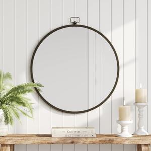Barnyard Designs 24 Inch Round Bathroom Vanity Wall Mirror with Keyhole Hanger, Circle Metal Frame for Bedroom or Desk, Iron Metal Grey (24", Round)