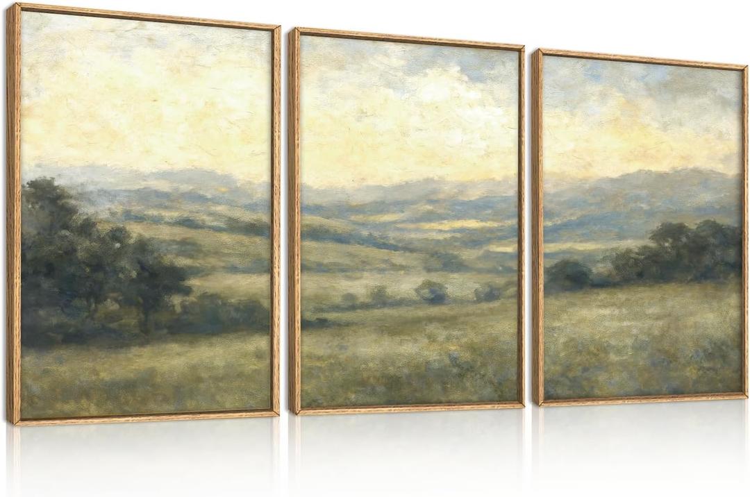 Large Vintage Green Grey Landscape Framed Canvas Wall Art Set,Abstract Rustic Countryside Forest Wall Decor,Retro Oil Painting Wilderness Artwork for Living Room,Bedroom,Farmhouse-16 x24 x3