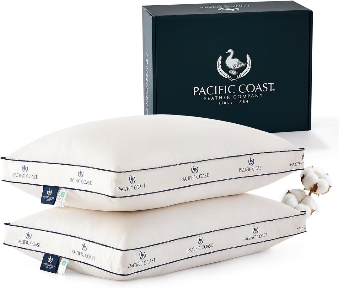 2 x Pacific Coast Goose Feather and Down Bed Pillows for Side and Back Sleepers, King Size Set of 2, 100% Organic Cotton Cover, Firm Pillows, Gusseted Pillows of Hotel Collection