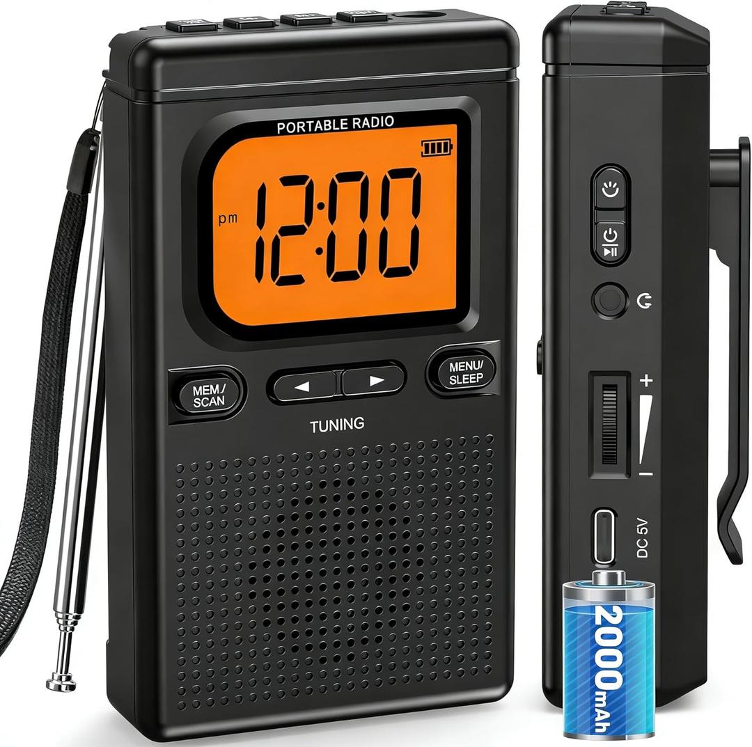 2000mAh Rechargeable AM FM Radio with Bluetooth Portable Transistor Pocket Radio with Digital Tuning, Flashlight, LCD Screen, Earphone Jack, Sleep Timer and Alarm Clock for Jogging