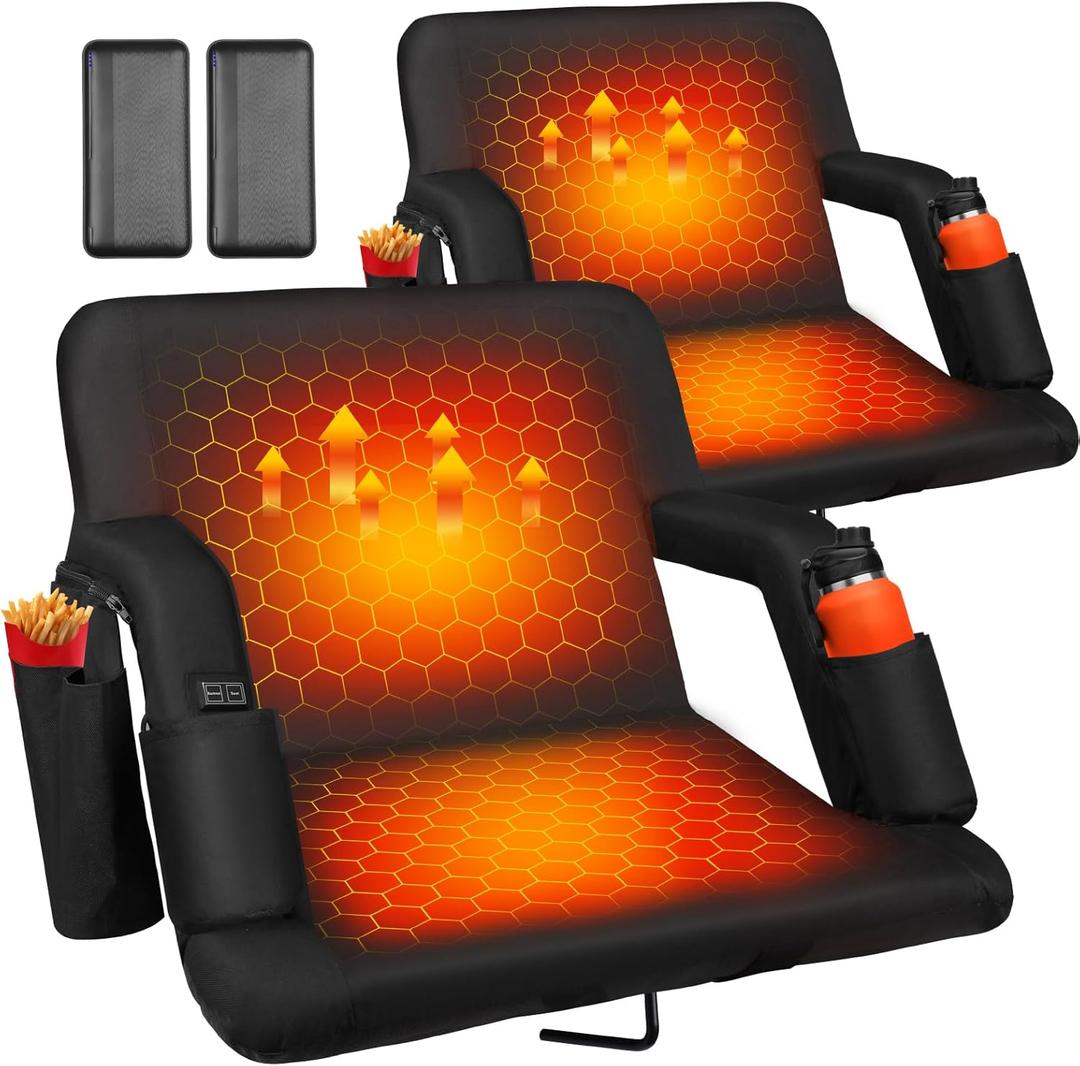Heated Bleacher Seat with Backrest with 5V 20000mAh Battery Heated Stadium Seats for Bleachers with Back Support Wide 20"/25" Heated Stadium Chair 6 Reclinng Positions 3 Heating Levels (Deep Black)