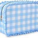 Gingham Ruffle Makeup Bag,Large Travel Cute Cosmetic Bag for Women Girls,Toiletry Bag Make up Organizer 11.8 x 4.7 x 9 inch (Blue Gingham)