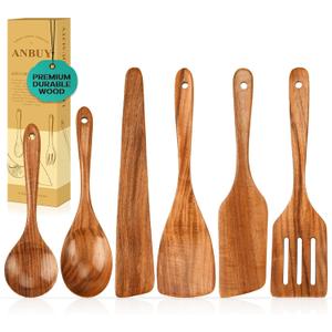ANBUY Wooden Spoons for Cooking, 6Pcs Kitchen Utensils Set, Heat Resistant Flat Spatulas and Spoons Set for Nonstick Cookware, Smooth Finish, Comfortable Grip(6 Pcs)